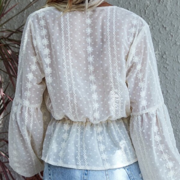 Bohemian Cream Polka Dot Floral Surplice Peplum Blouse - Picture 5 of 5